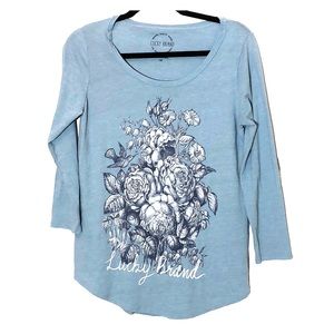 Lucky Brand Floral Bird Tee Raglan Sleeve Medium